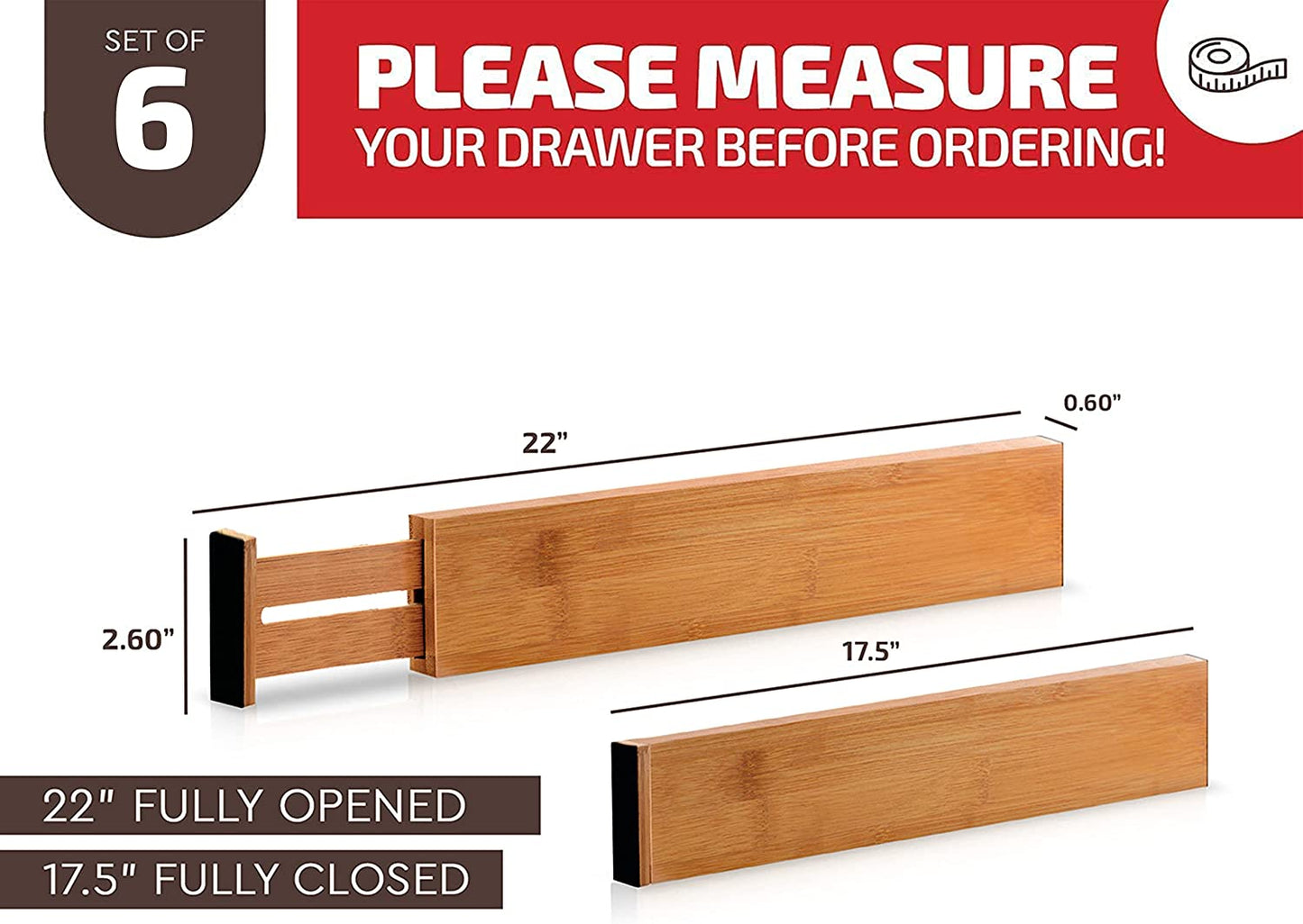 Bamboo Drawer Dividers (6-Pack), Expandable 17–21.5” – Spring-Loaded, Non-Slip Ends