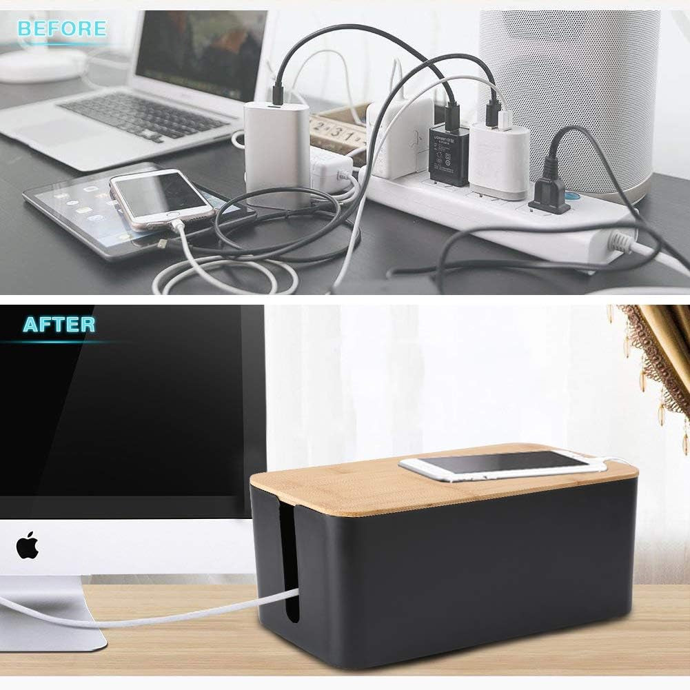 Elegant Cable Management Box Set (3-Pack) with Bamboo Lids & 23 Clip Accessories – Tidy & Conceal Cords