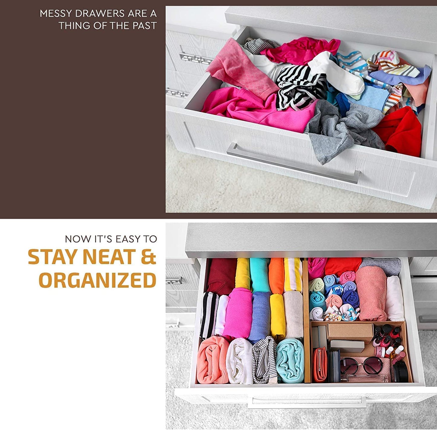 Bamboo Drawer Dividers (6-Pack), Expandable 17–21.5” – Spring-Loaded, Non-Slip Ends