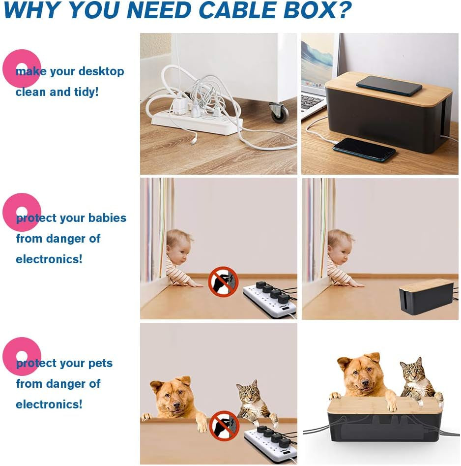 Elegant Cable Management Box Set (3-Pack) with Bamboo Lids & 23 Clip Accessories – Tidy & Conceal Cords