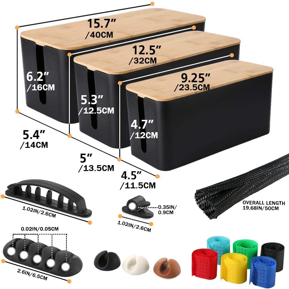 Elegant Cable Management Box Set (3-Pack) with Bamboo Lids & 23 Clip Accessories – Tidy & Conceal Cords