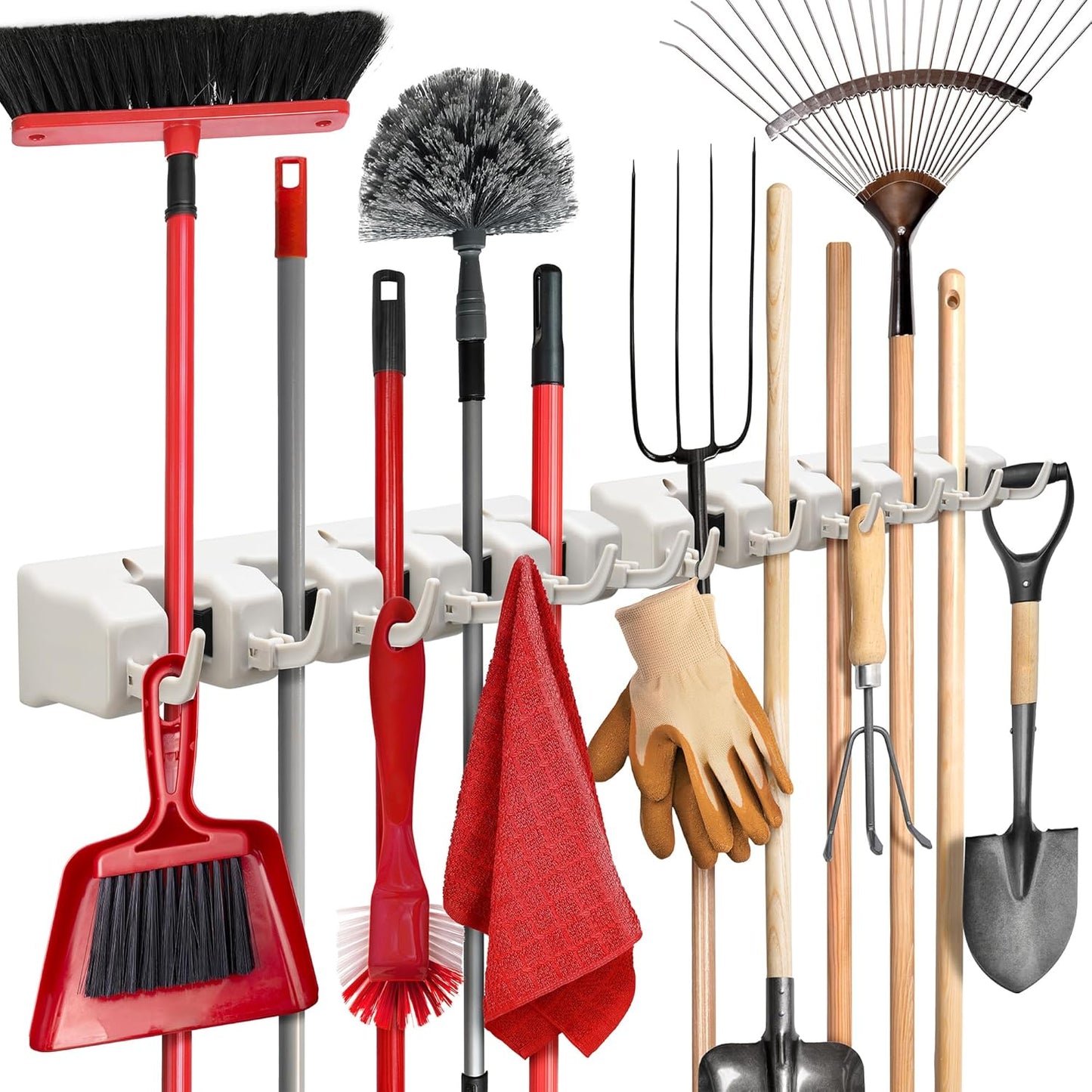 Mop and Broom Holder Wall Mount Garden Tool Storage Tool Rack Storage & Organization for the Home Plastic Hanger for Closet Garage Organizer (5-Position)