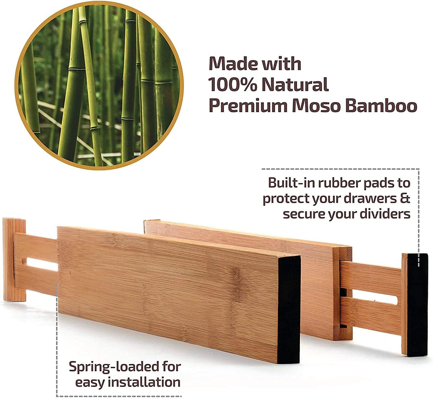 Bamboo Drawer Dividers (6-Pack), Expandable 17–21.5” – Spring-Loaded, Non-Slip Ends