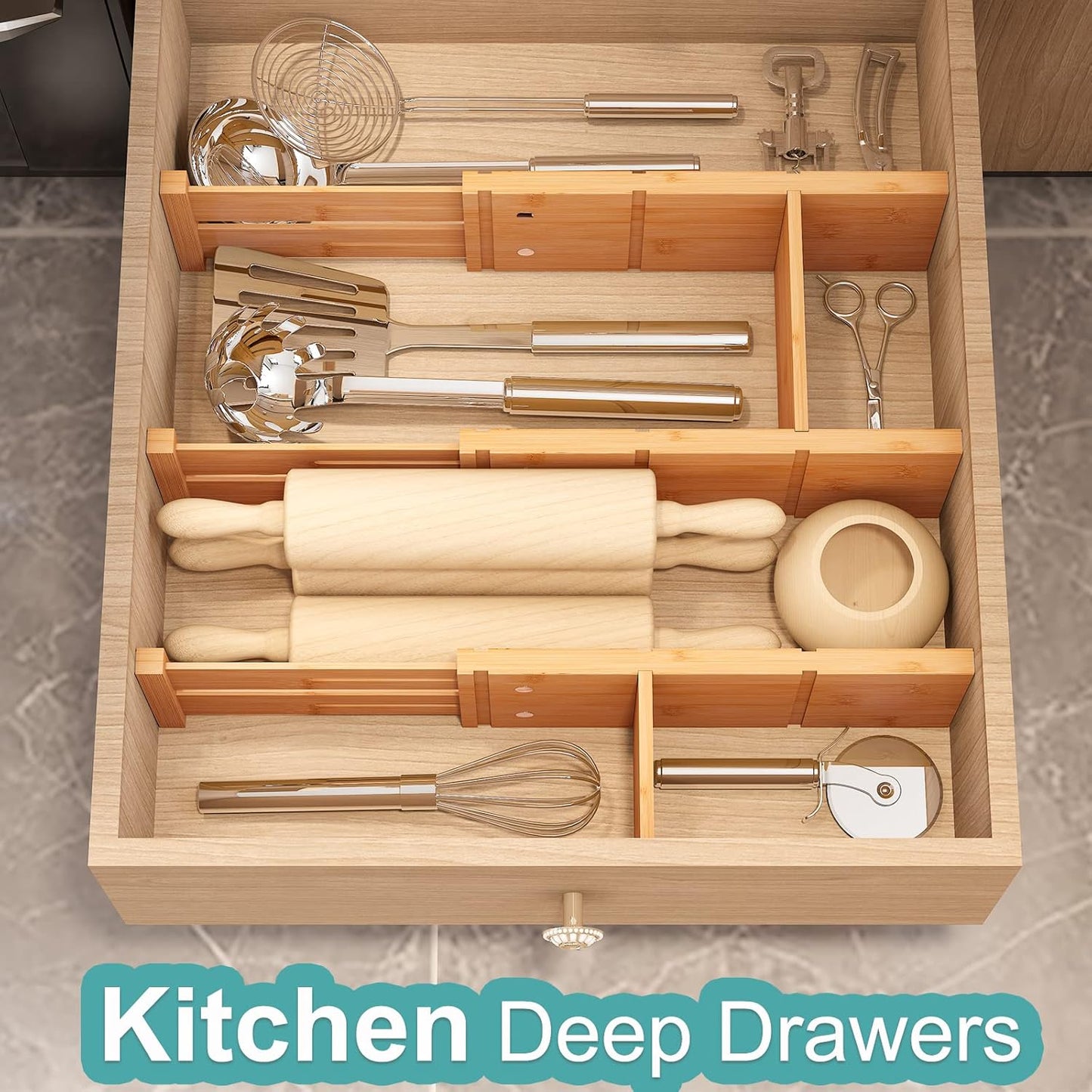 Bamboo Drawer Dividers (6-Pack), Expandable 17"–21.5" — Spring-Loaded, Non-Slip Ends