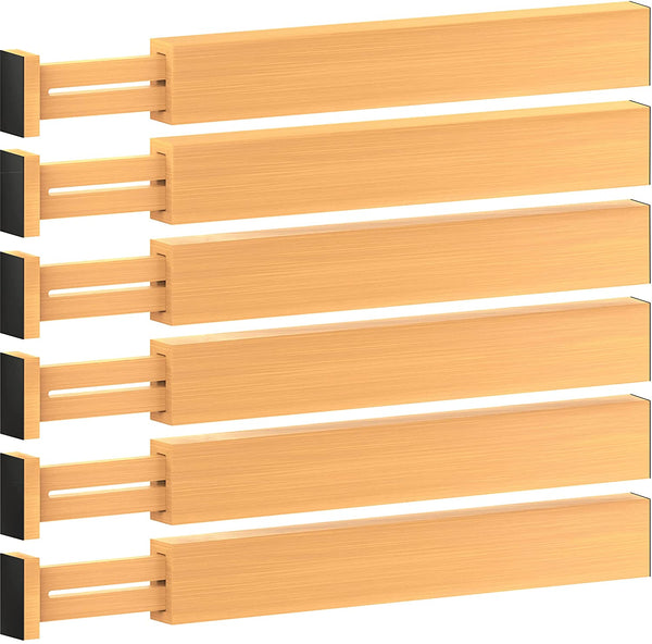 Bamboo Drawer Dividers (6-Pack), Expandable 17–21.5” – Spring-Loaded, Non-Slip Ends