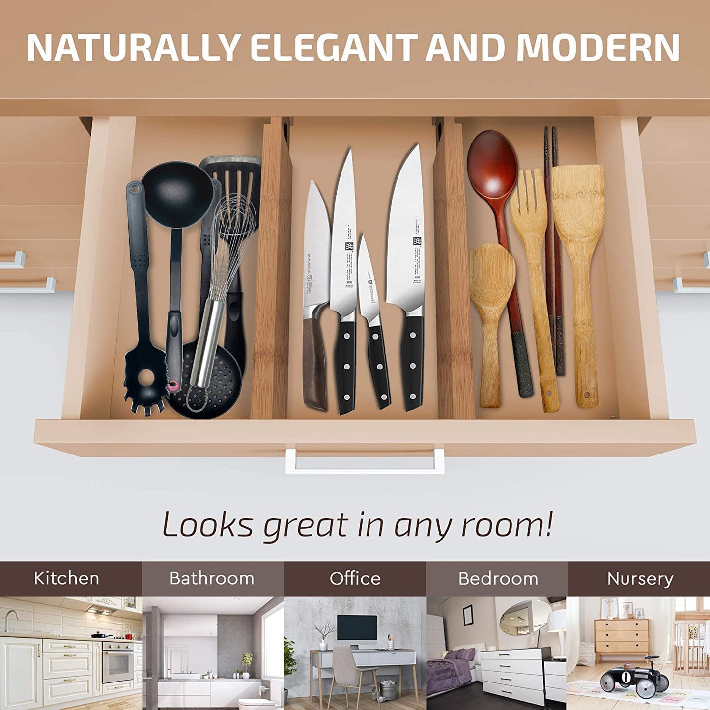 Bamboo Drawer Dividers (6-Pack), Expandable 17–21.5” – Spring-Loaded, Non-Slip Ends