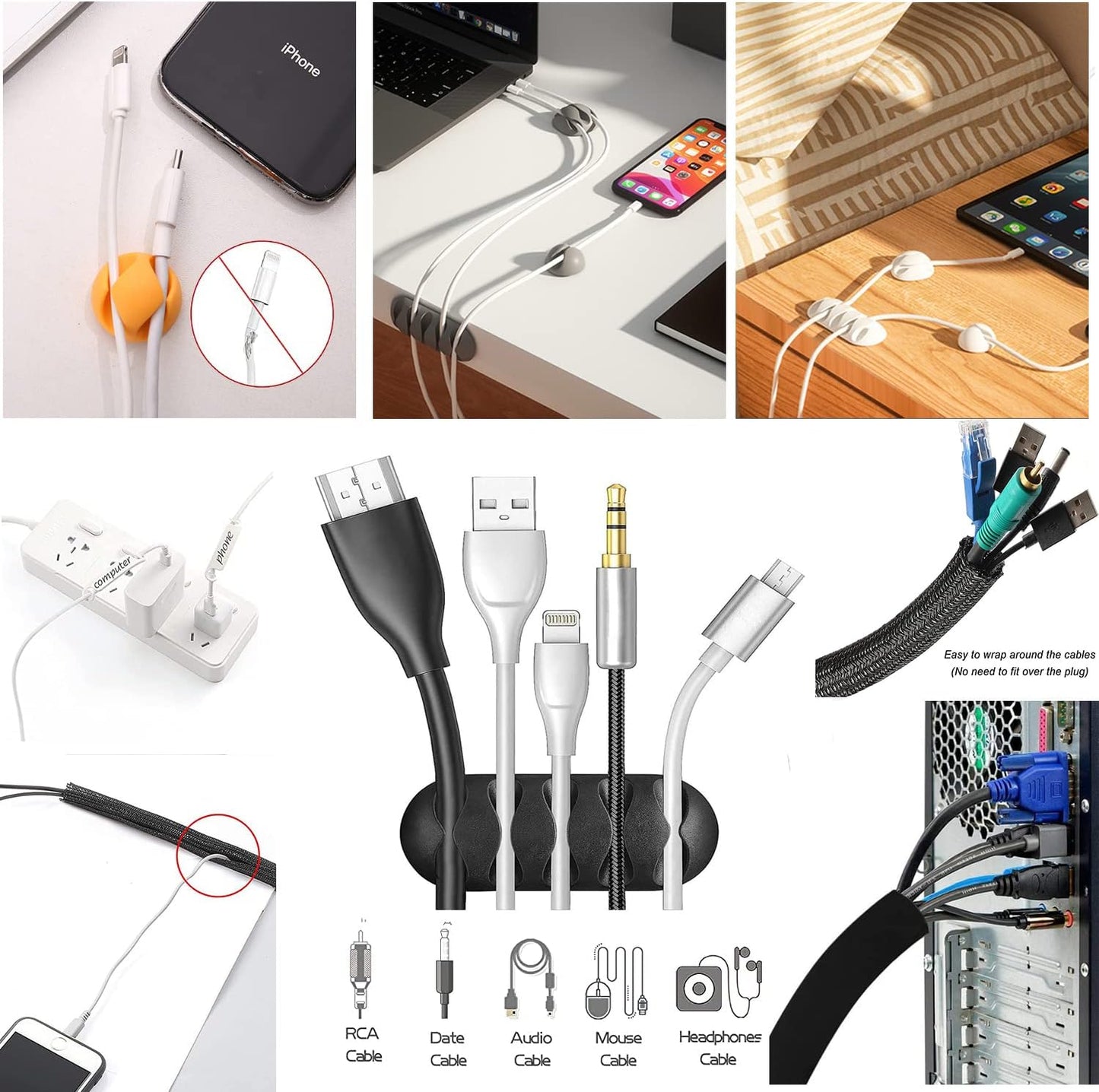 Elegant Cable Management Box Set (3-Pack) with Bamboo Lids & 23 Clip Accessories – Tidy & Conceal Cords