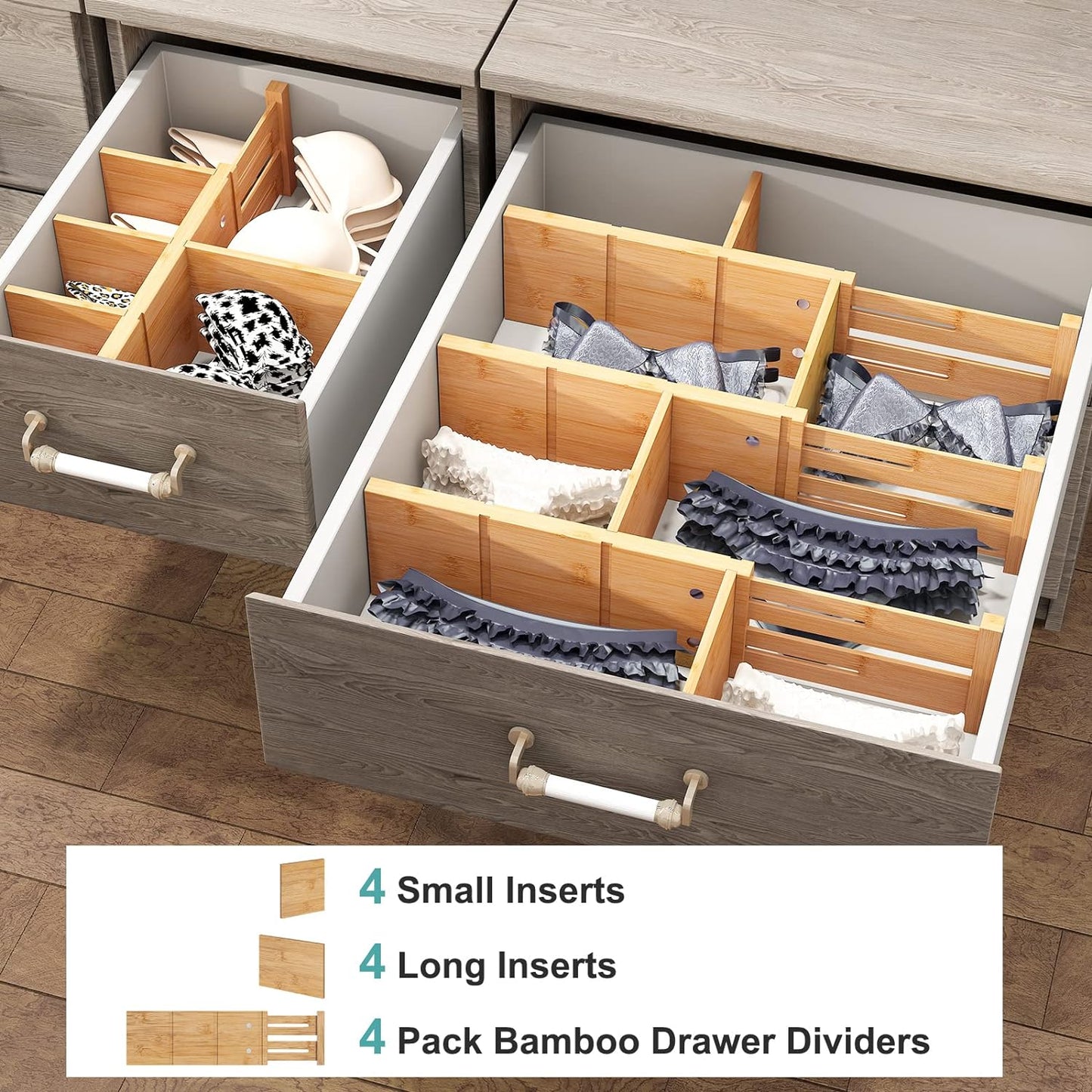 Bamboo Drawer Dividers (6-Pack), Expandable 17"–21.5" — Spring-Loaded, Non-Slip Ends