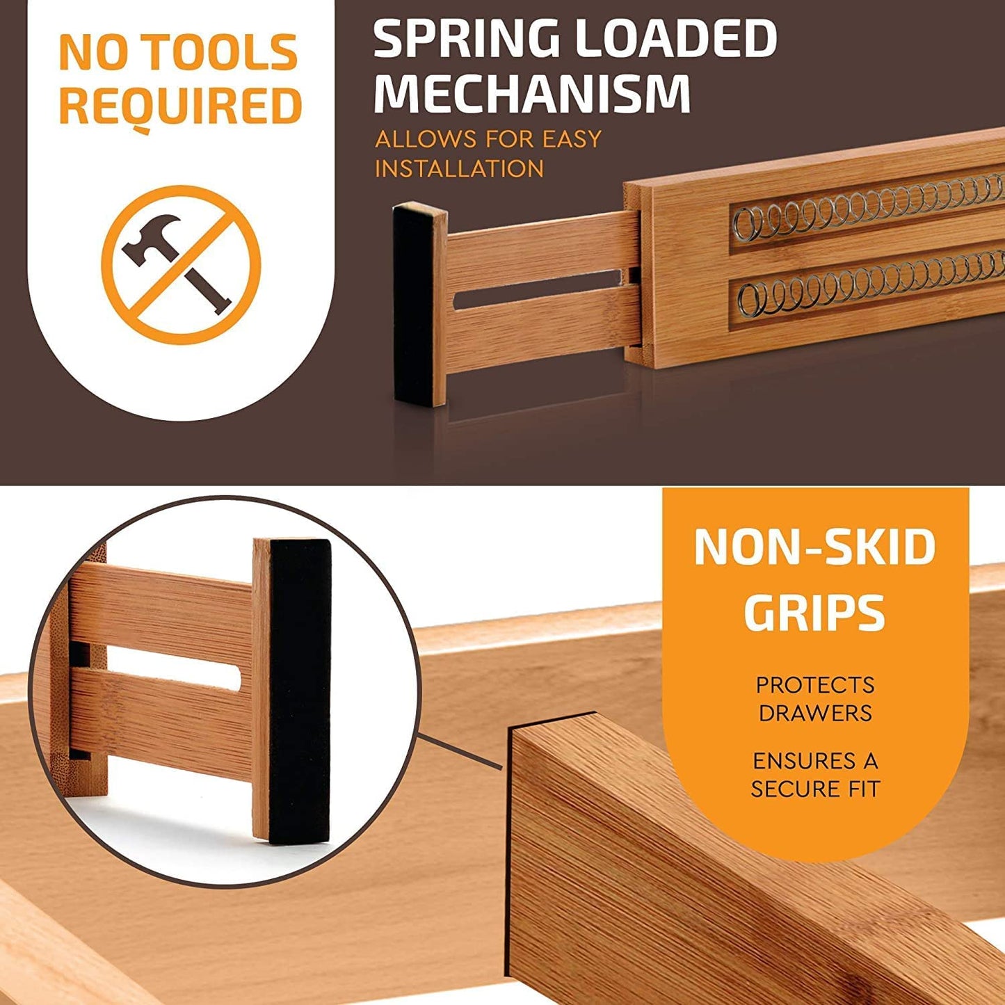 Bamboo Drawer Dividers (6-Pack), Expandable 17–21.5” – Spring-Loaded, Non-Slip Ends