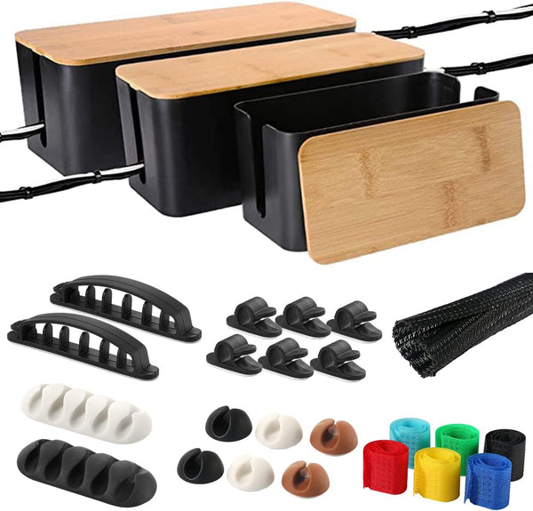 Elegant Cable Management Box Set (3-Pack) with Bamboo Lids & 23 Clip Accessories – Tidy & Conceal Cords