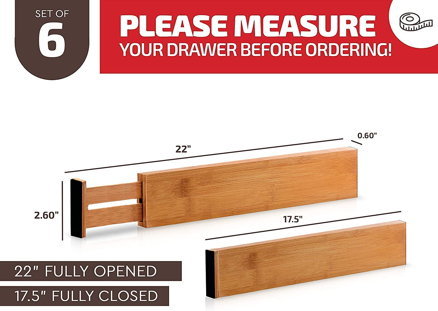 Bamboo Drawer Dividers (6-Pack), Expandable 17–21.5” – Spring-Loaded, Non-Slip Ends