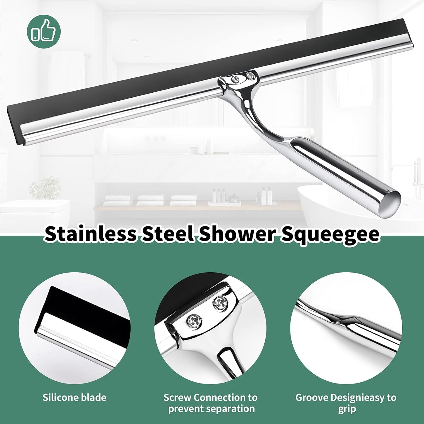 Premium 12-Inch Stainless Steel Shower Squeegee – Streak-Free Glass & Mirror Cleaner with Hook