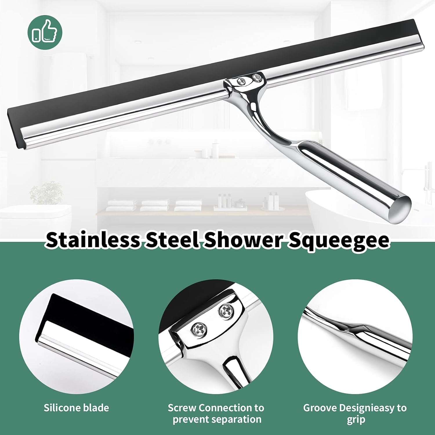 Premium 12-Inch Stainless Steel Shower Squeegee – Streak-Free Glass & Mirror Cleaner with Hook