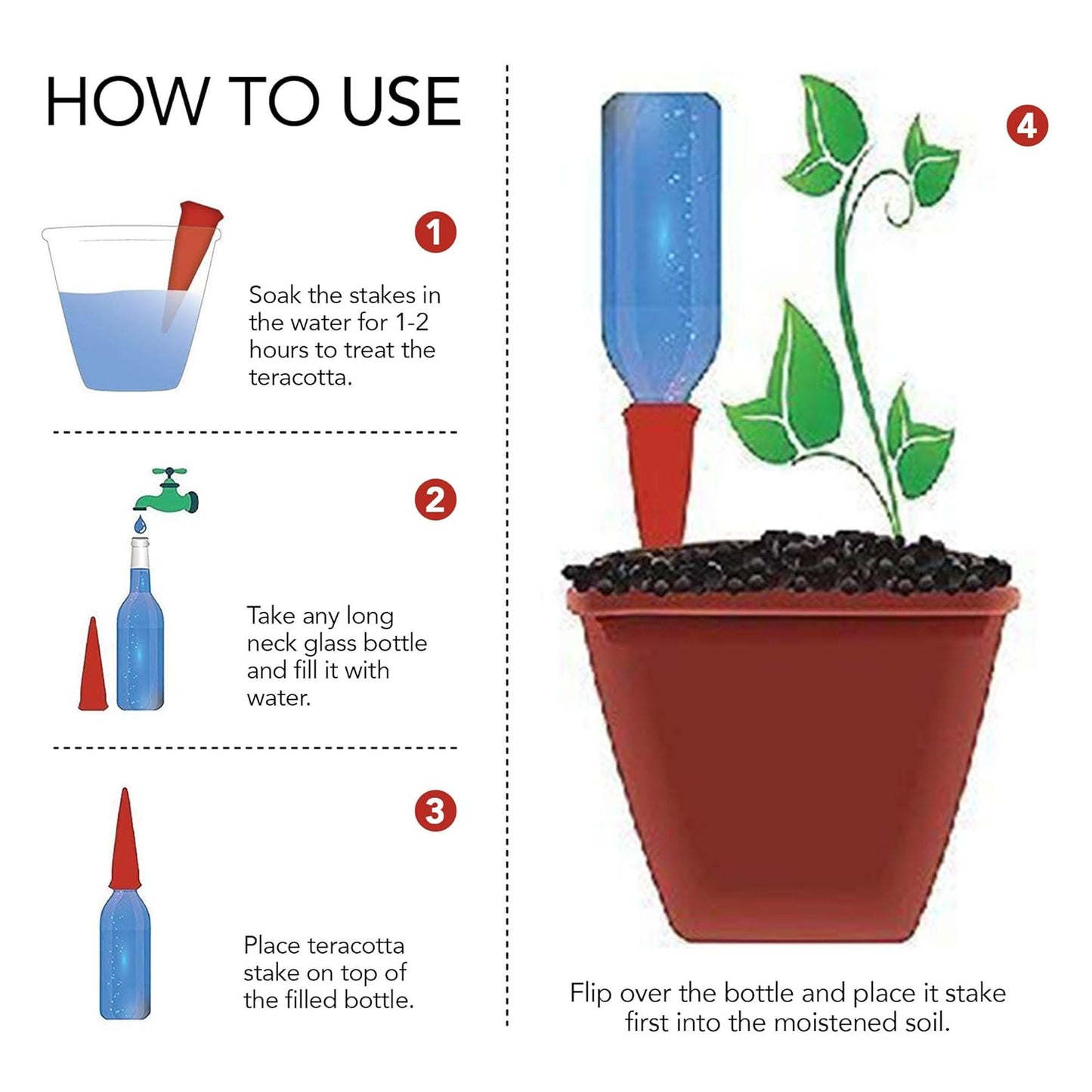 Terracotta Self-Watering Plant Stakes (4-Pack) – Automatic Watering Spikes for Indoor & Outdoor Plants