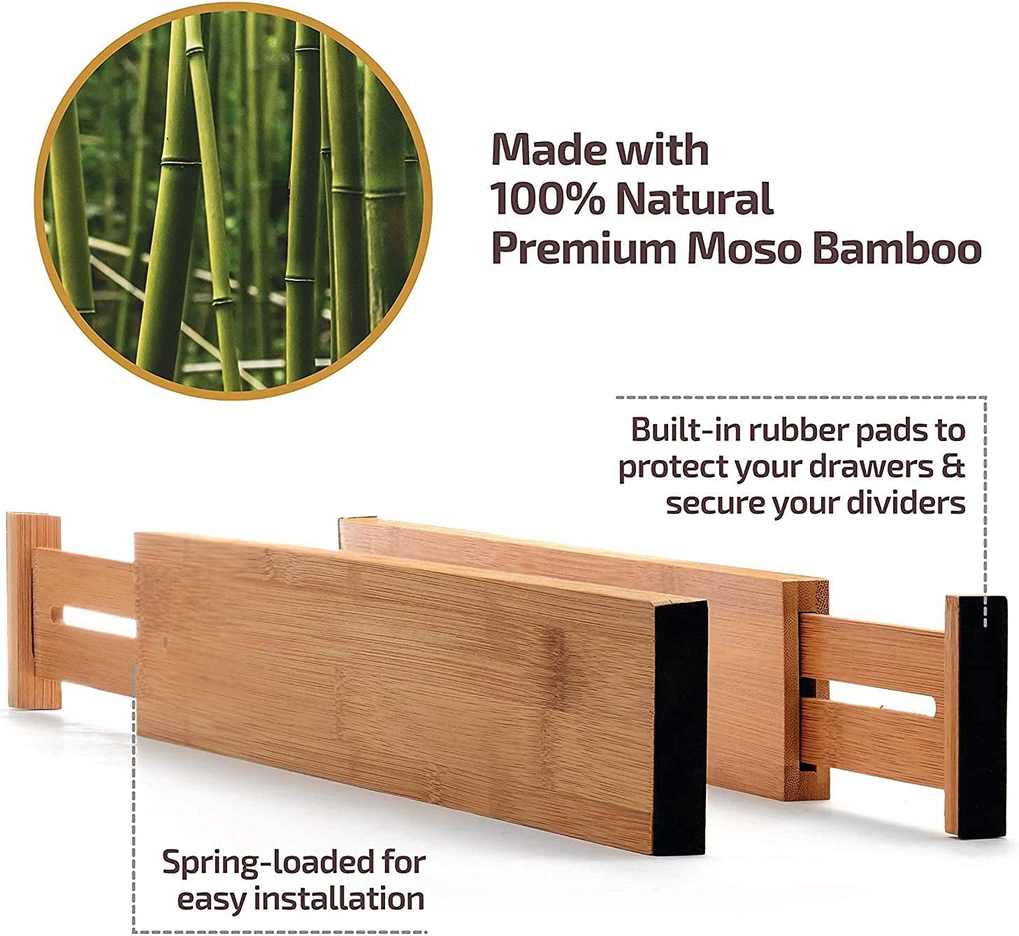 Bamboo Drawer Dividers (6-Pack), Expandable 17–21.5” – Spring-Loaded, Non-Slip Ends